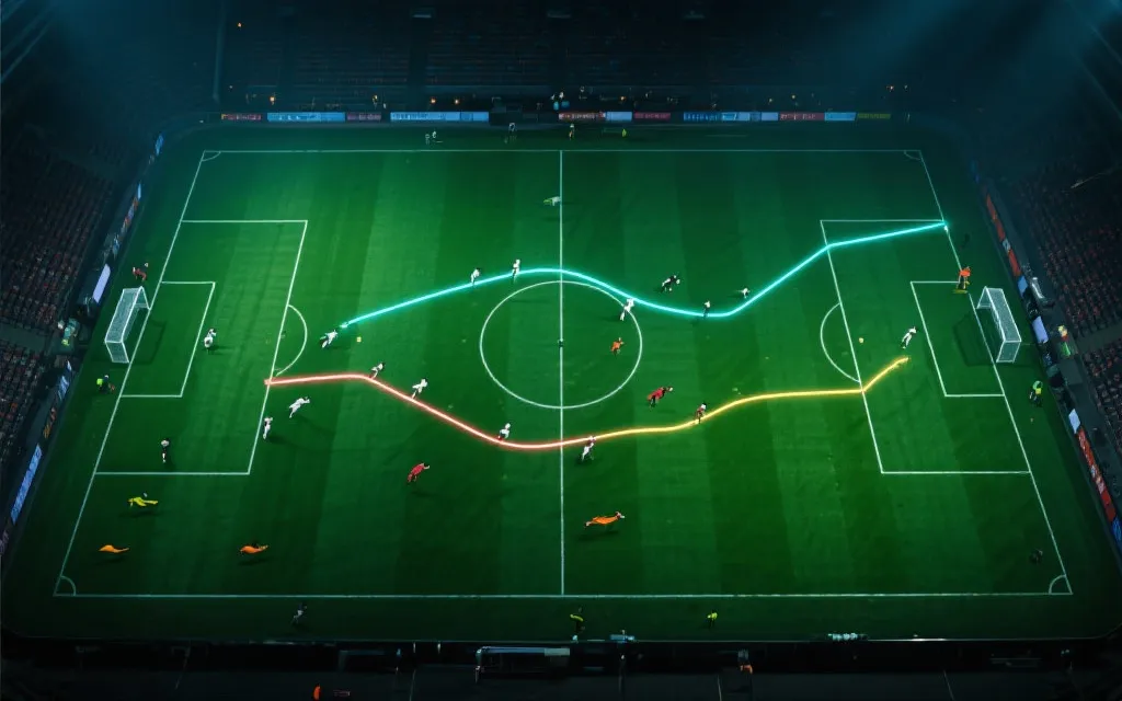 球场俯视视角，边路推进与快速反击路线的示意